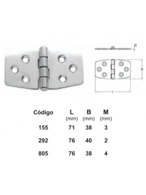 Dobradiça 6 furos INOX 76x38x4mm